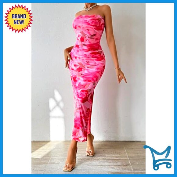 Strapless Maxi Bodycon Dress Floral Mesh Formal Wedding Guest Elegant - Picture 5 of 7